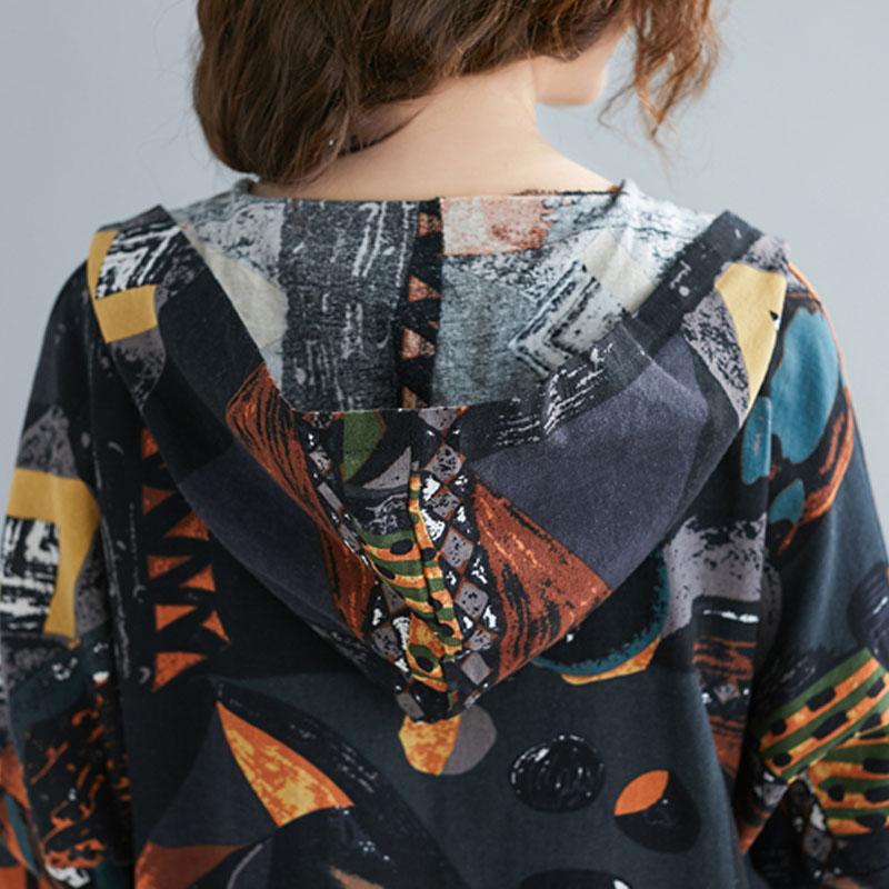 Plus size lange trenchcoat met capuchon, lente voor dames, graffiti print, casual vest, katoenen linnen jassen, kleding, windjack
