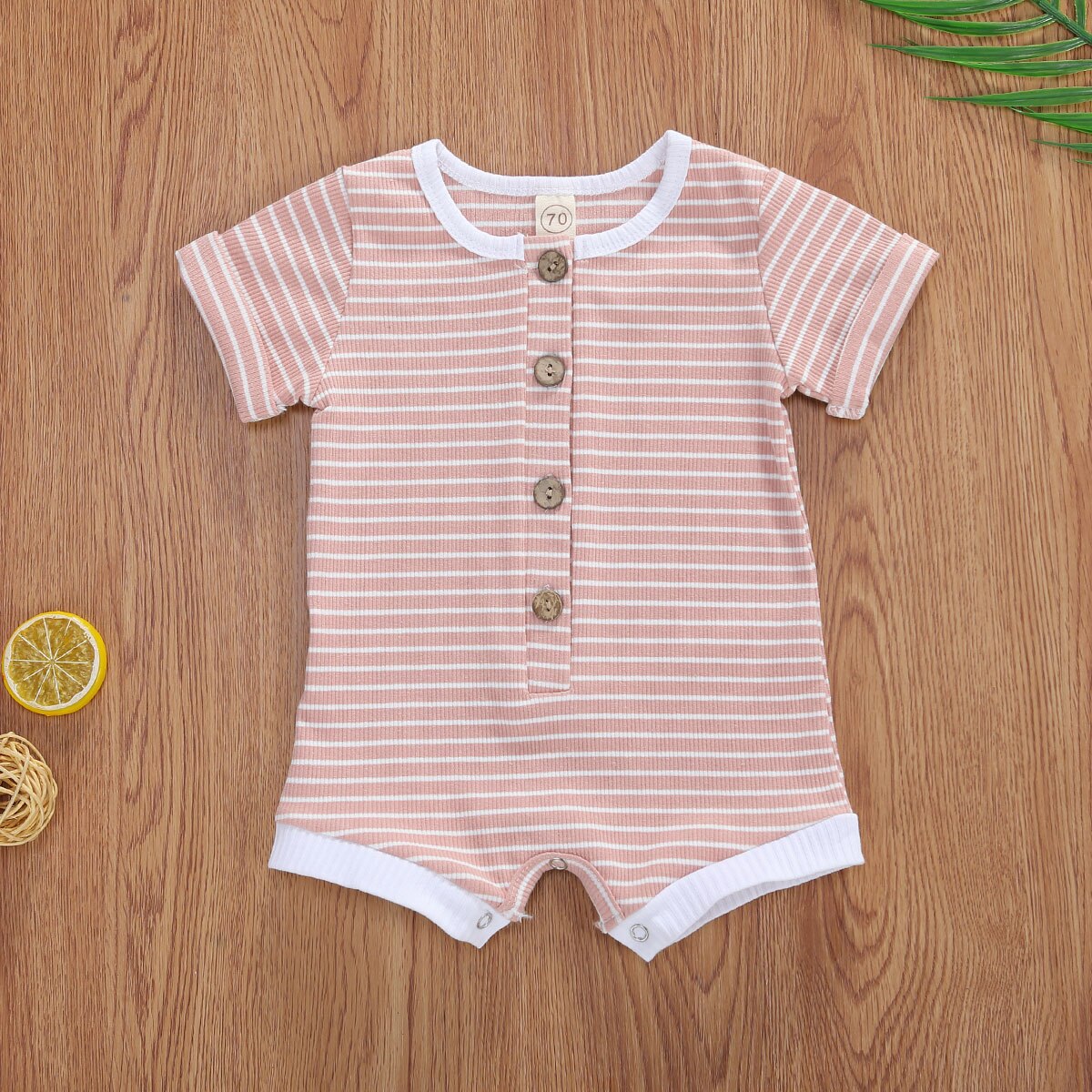 0-18M infantile bébé filles garçons barboteuse rayé imprimé manches courtes simple boutonnage combinaisons 5 couleurs