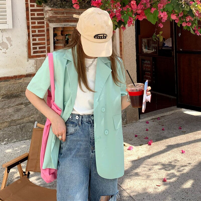 Blezery damskie jednolity, z nacięciem dwurzędowy modny workowaty koreańnarty styl wypoczynek lato z krótkim rękawem cały mecz elegancki prosty