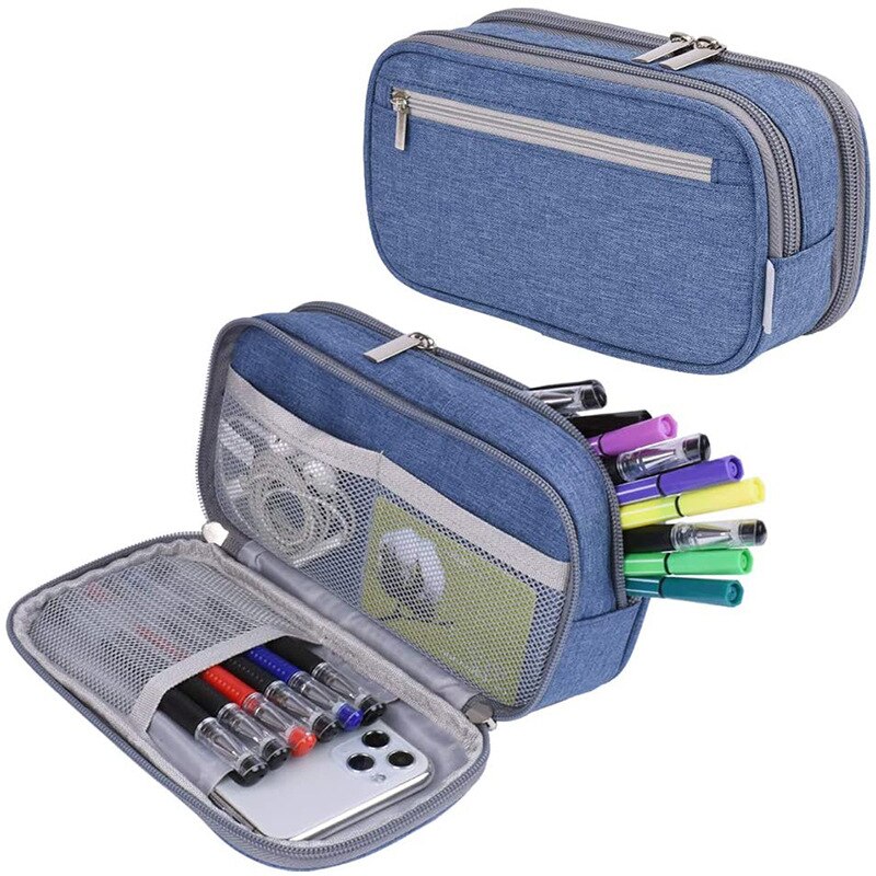 Estuches de lápices de gran capacidad de nailon, caja de bolígrafos para niñas y niños, Kawaii, bolsa de almacenamiento multifunción de Color sólido, papelería para estudiantes: Blue