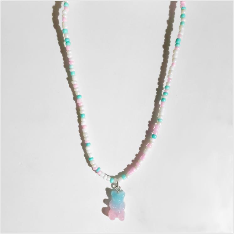 Collier de perles rondes colorées pour femmes, style bohème, mignon, dégradé arc-en-ciel, pendentif ours en résine, à la , bijoux pour filles: blue pink