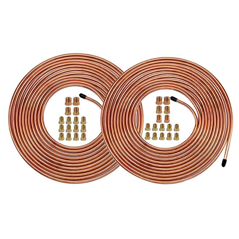 Tubería de freno de cobre, Kit de tubería de freno con 32 tuercas, tubería de cobre de agua fría y , 25 pies, 1/4 y 25 pies, 3/16