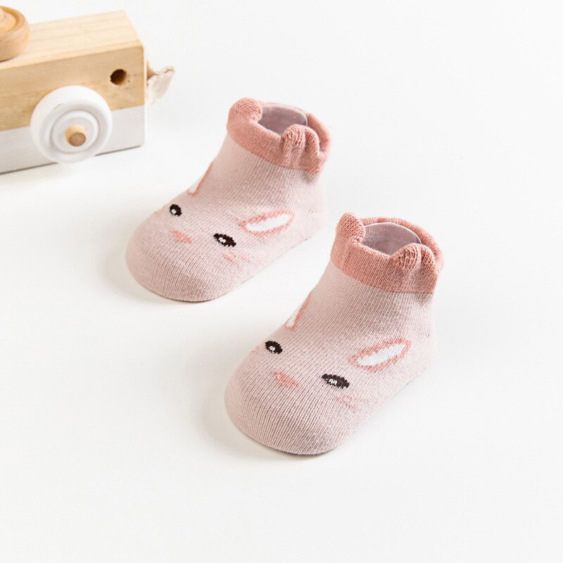 Schattige baby meisjes sokken antislip katoen zacht ondiepe mond lage kinder jongens sokken cartoon dier boot baby vloer sokken: Roze konijntje / 0-1 jaar