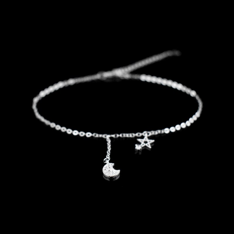 Mode 925 Sterling Silver Star &amp; Moon Zirkoon Hanger Enkelbandje Armband Constellation Symbool Voet Ketting Vrouwen &amp; Meisje Sieraden