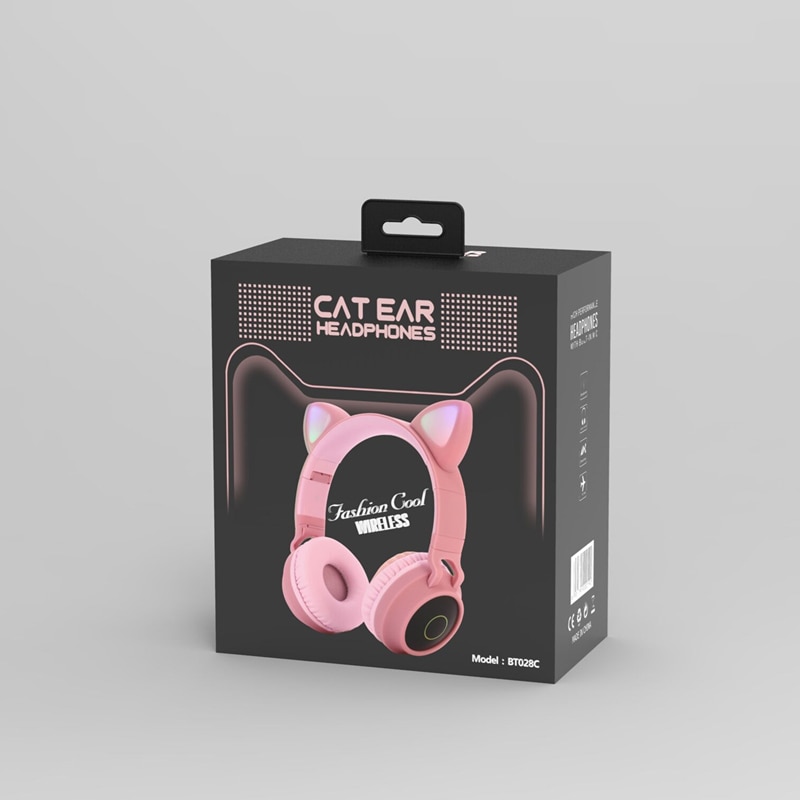 LED Cat Ear Noise Cancelling Headphones Bluetooth 5.0 Young People Kids Headset Support TF Card 3.5mm Plug With Mic: Pink with retail box