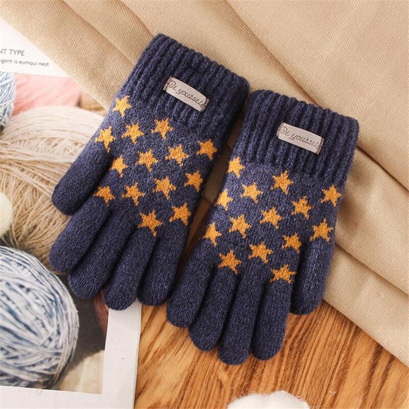 Children's Gloves Winter Boys Thickened Warmth Five-pointed Star Knitting Yarn for Boys: Navy blue