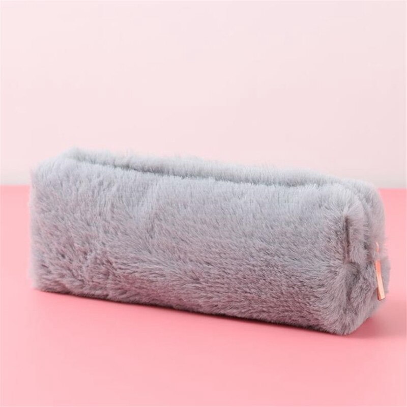 Trousse en peluche couleur unie Kawaii porte-crayon s sac papeterie trousse à crayons porte-crayon scolaire pour filles fournitures scolaires outils: Gray