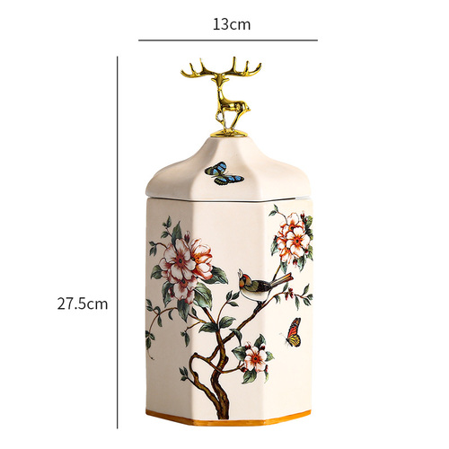 Kleur Bloem Gouden Vogel Herten Snoeppot Keramische Opslag Fles Huishouden Moer Thee Tin Vochtbestendige Opbergdoos Porselein ambachten: Apricot