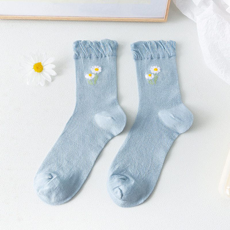 Baumwoll socken Frauen weiße Spitze weibliche dünne Mittel rohr eins Blumen druck niedlichen Baumwolle Frühling Herbst Sommer Rüschen Mädchen Strümpfe: Hellgelb