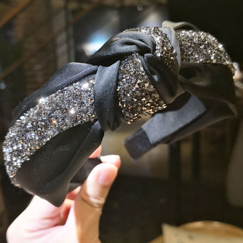Di lusso del Rhinestone di Modo di Hairband Delle Donne Solido Lato Largo Della Fascia Centrale Nodo Turbante Dei Capelli Delle Ragazze Accessori Copricapi