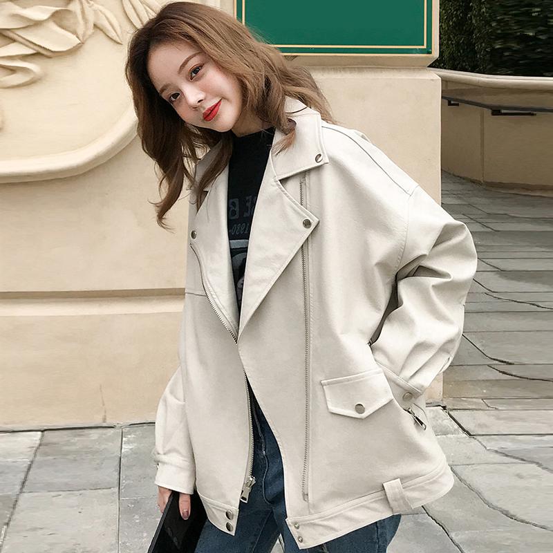 Ftlzz Vrouwen Herfst Faux Zacht Lederen Jas Losse Pu Motorfiets Zwart Punk Rits Jas Streetwear Kraag Bovenkleding: Beige / S