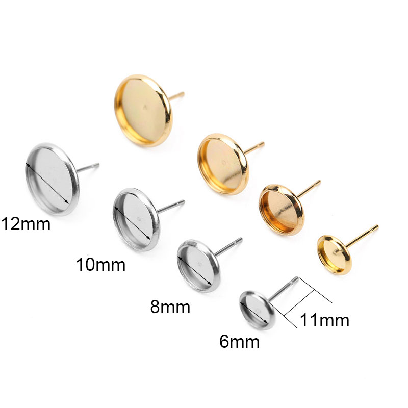 20 piezas de pendientes hipoalergénicos de acero inoxidable, accesorios Diy de 6mm, 8mm, 10mm, 12mm, configuración de Base de cabujón de camafeo, fabricación de joyas Diy