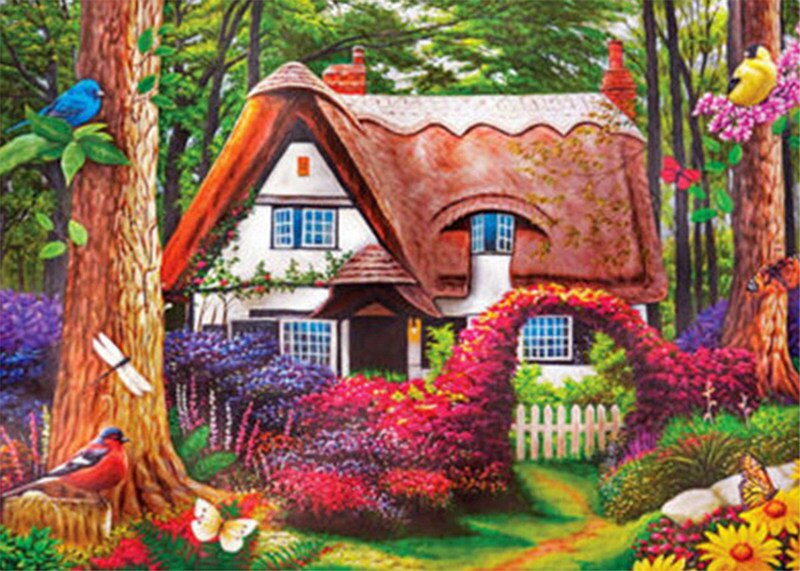 5D Diamant Schilderij Tuin Hut Diamant Geborduurde Bloemen Volledige Boor Kruissteek Alle Geplaatst Forest Lake Landschap