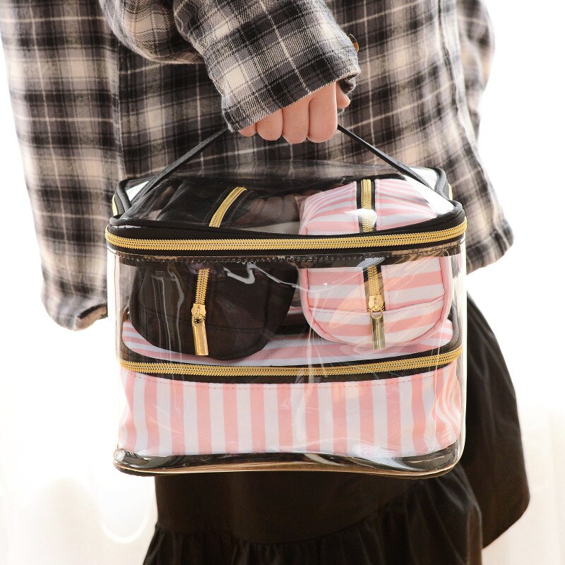 Gennemsigtig pvc kosmetik taske rejse toilettaske firedelt bærbar multifunktions sæt pink makeup organizer taske kosmetiker
