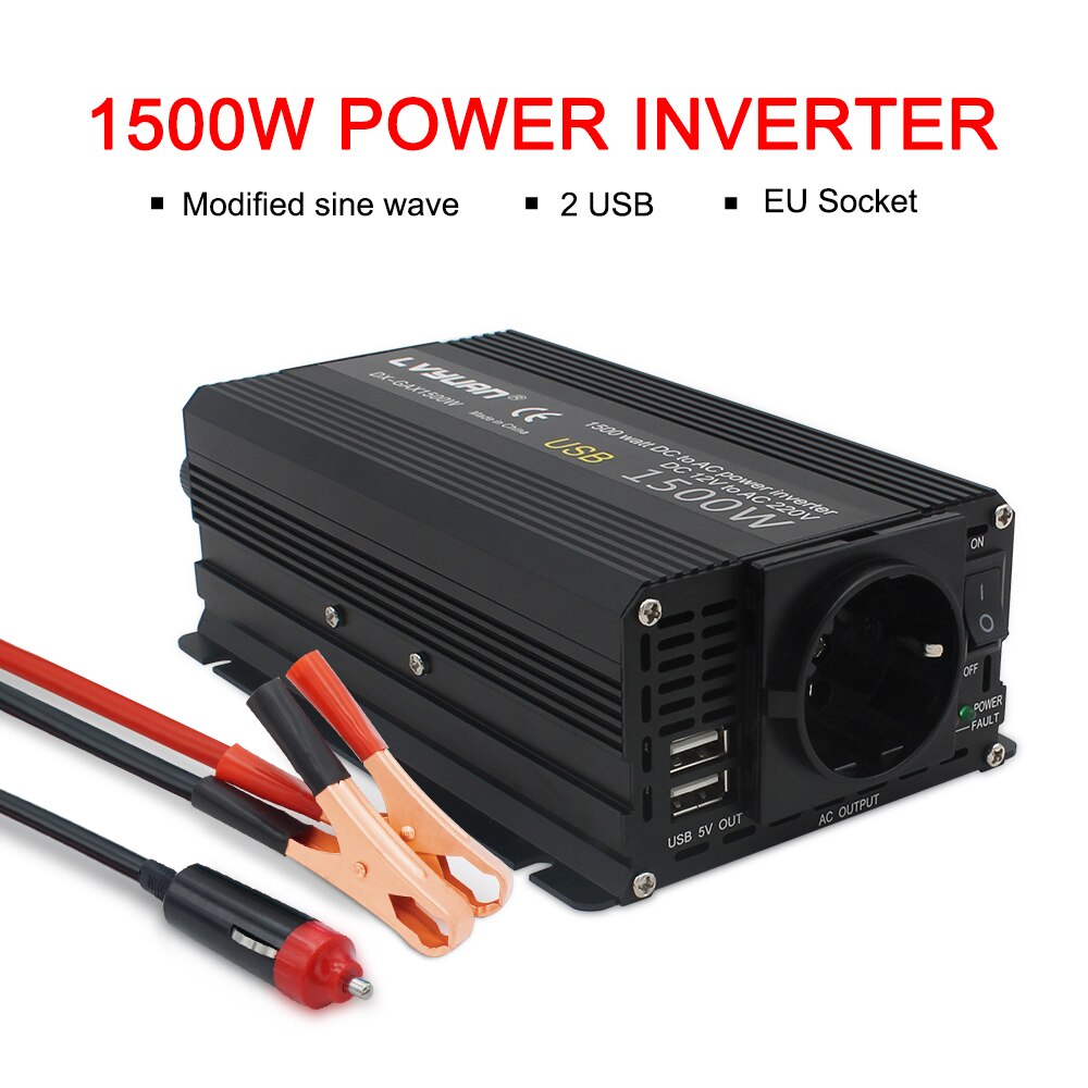 1500W Car Inverter Converter 2 USB EU Large Power Inverter Webasto 12 volts Inversor12v 220 v inversores solar de onda pura