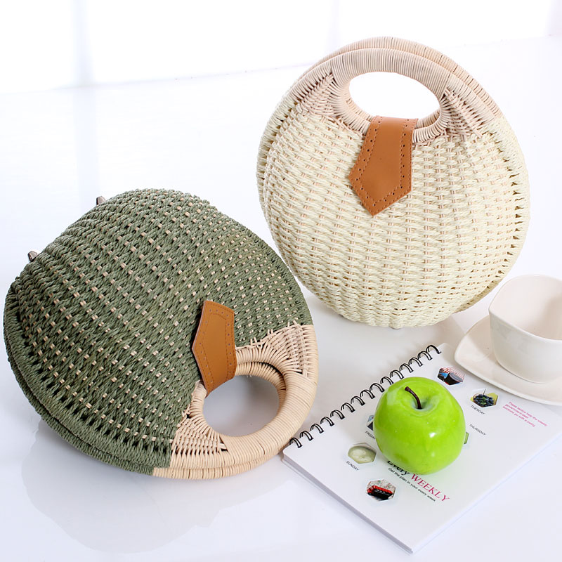 Bolso de mano de mimbre redondo con de mimbre para mujer, bolsos de hombro tipo bandolera para mujer, bolsa de paja de playa de verano informal