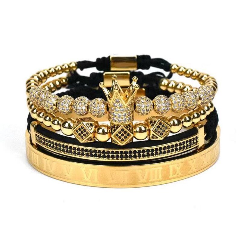 4 Stks/set Mannen Rvs Cz Zirkoon Crown Romeinse Cijfer Armband Hip Hop Armbanden Punk Handgemaakte Sieraden