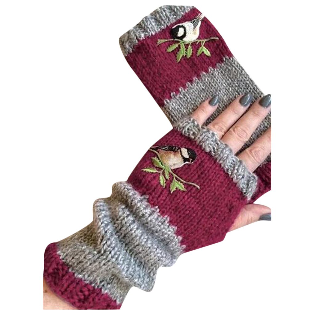 Adult Fingerless Gloves Half Finger Knitted Mittens Winter Bird Print Soft Unisex Gloves Women Wrist Guantes Mittens: Wine