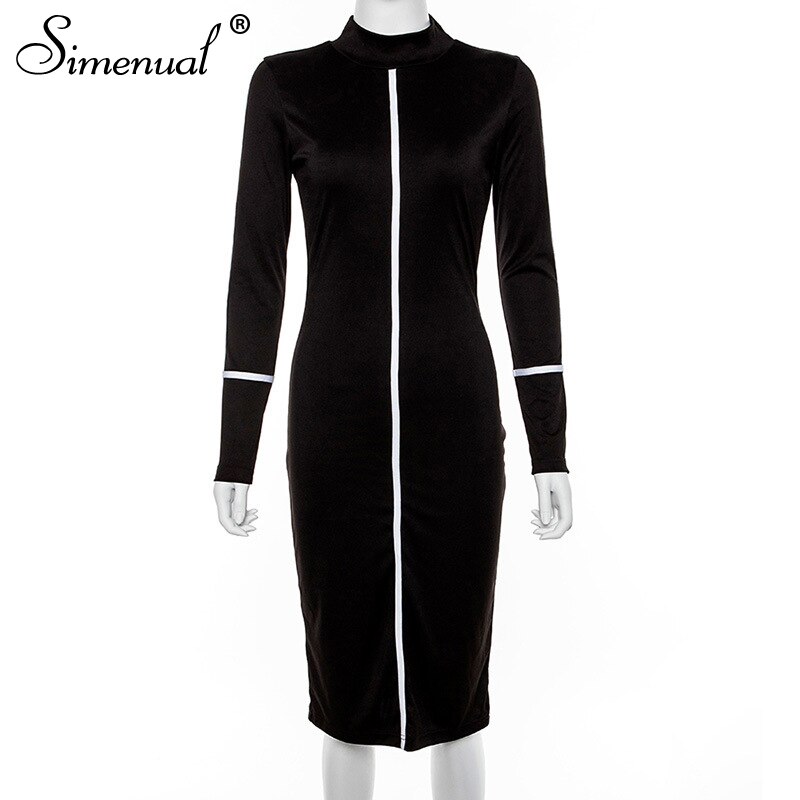 Simenual lässig Bodycon Frauen Lange Kleid Volle Hülse gestreift Patchwork Kleider Rollkragen Damen Dünne Kleider: Schwarz / S