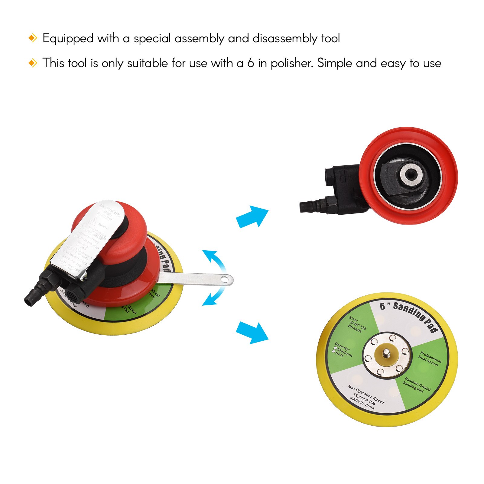 Pneumatic Sander Electric Sander Machine 6 Inch Polishing Sanding Waxing for Car Wall Wood Metal 10000RPM Red for Car Polishing