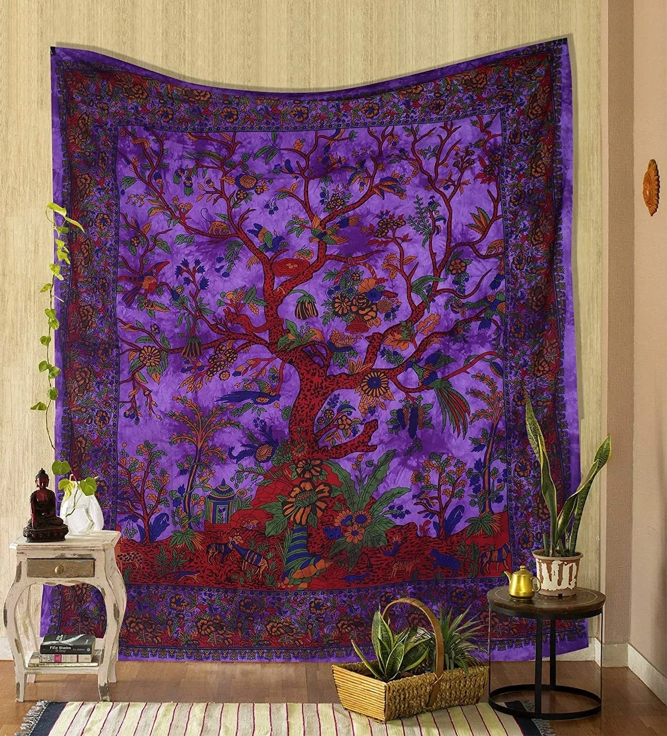 Tapiz verde árbol de la vida para colgar en la pared, tapiz psicodélico, tela de cama doble de algodón indio, tela de Picnic para pared: 230 x 150 cm / Gris púrpura