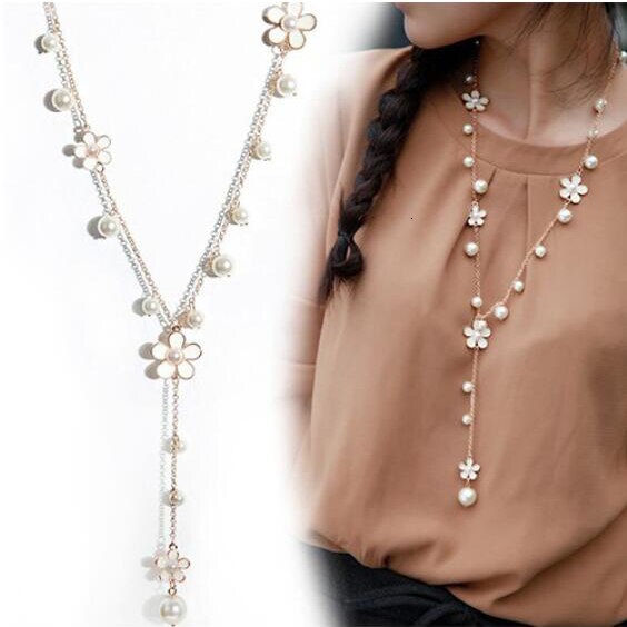 Statement Maxi Long Necklaces & Pendants for Women Geometric Necklace Jewelry Collier Femme Collar Accessories: White Pearl Flower