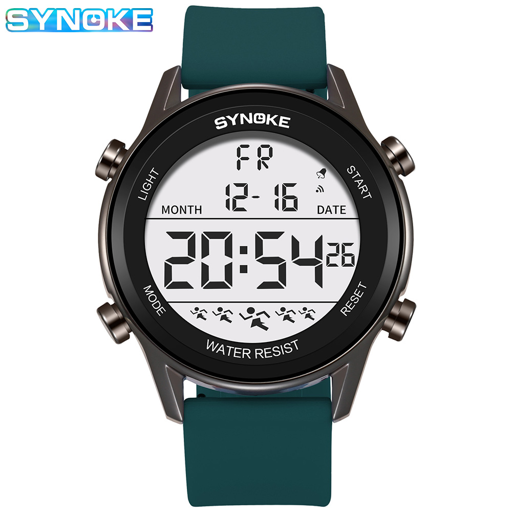 SYNOKE-Reloj de silicona para hombre, cronógrafo multifuncional, resistente al agua, pantalla grande, luminoso, LED, Digital, para deportes al aire libre: Verde