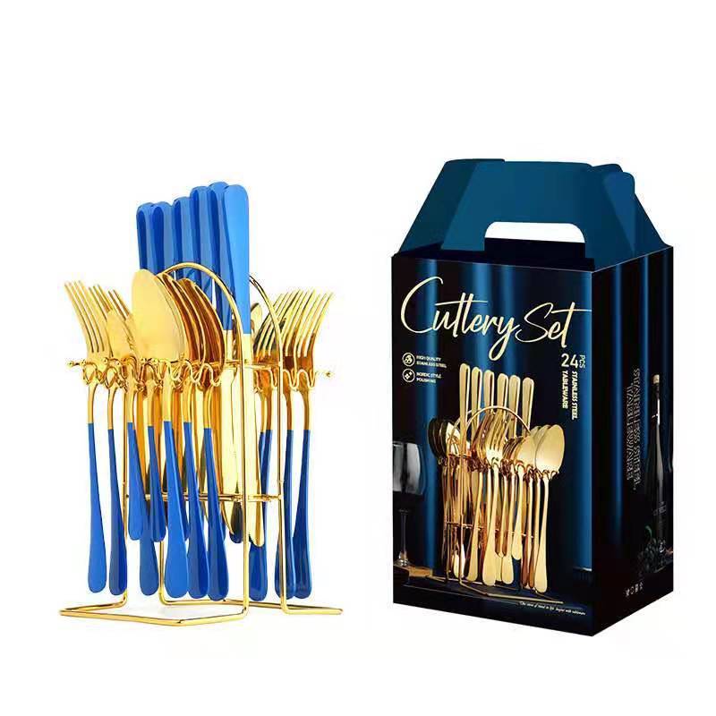 24 Stuks Luxe Servies Bestek Set Rvs Servies Goud Servies Set Mes Vork Lepel Vaatwasser Servies: Blue Gold 24 Pieces