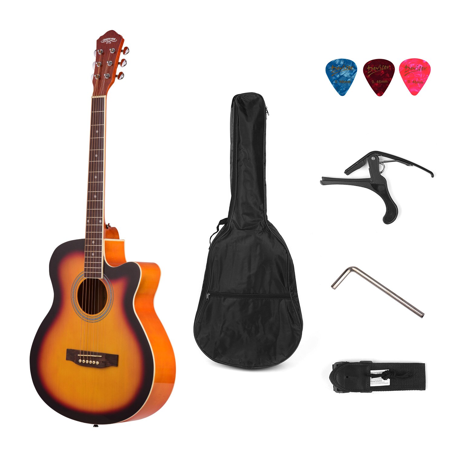 40inch Cutaway Acoustic Folk Guitar 6 Strings Basswood with Strap Gig Bag Capo Picks Guitar Accessories