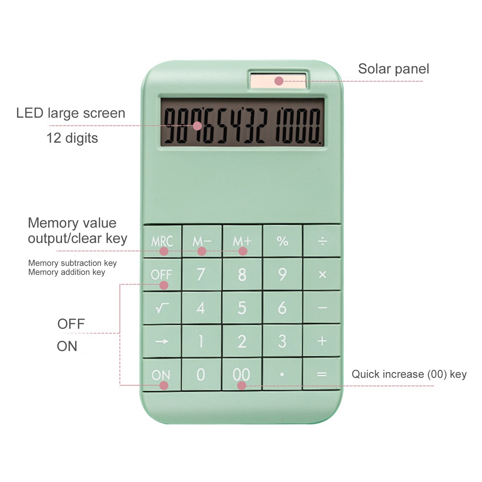 Solid Color Solar Powered Student School Office Supply 12 Digit Calculator