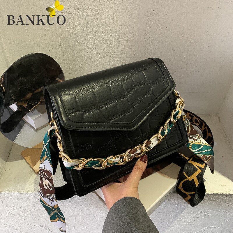 BANKUO Womens Bag PU Stone Pattern Shoulder Bags for Women Vintage Wide Straps Handbags Solid Crossbody Bags Z392