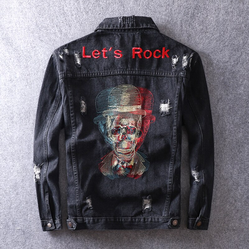 Men Jacket Skull Embroidery Punk Streetwear Style Ripped Denim Jacket Men Coat Rock Hip Hop Jean Jacket Hombre