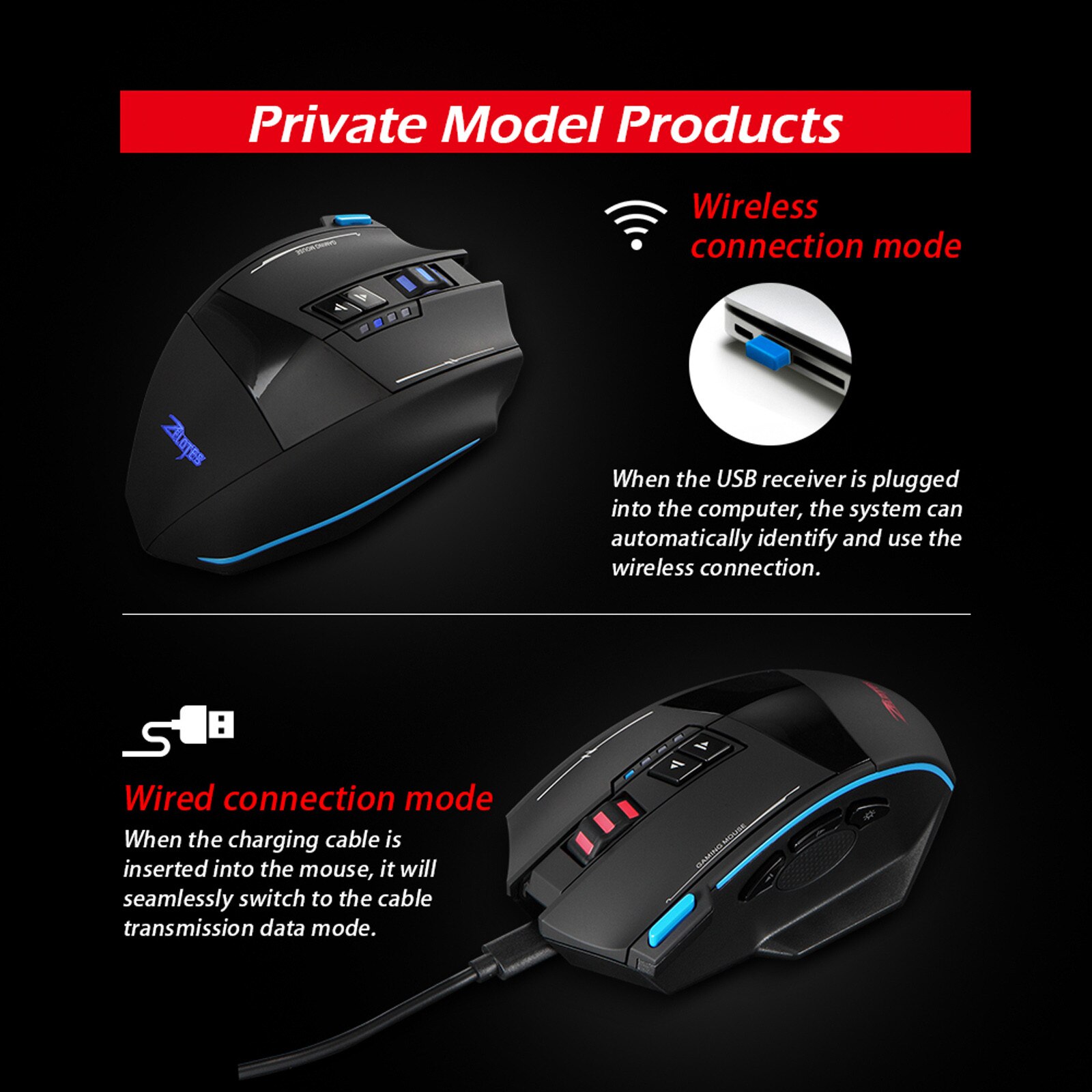 ZELOTES F-15 Dual-Mode Gaming Mouse 4800DPI Wired/Wireless Adjustable DPI Firepower button Multimedia function switch