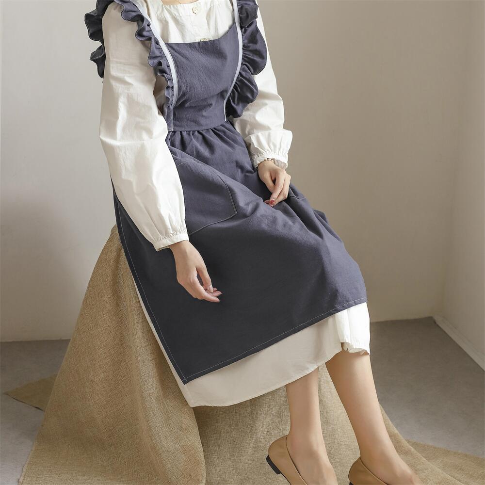 Washed Cotton Linen Kitchen Apron For Cooking Baking Flower Shop Ruffles Work Clean Apron for Woman Uniform Lady Dress