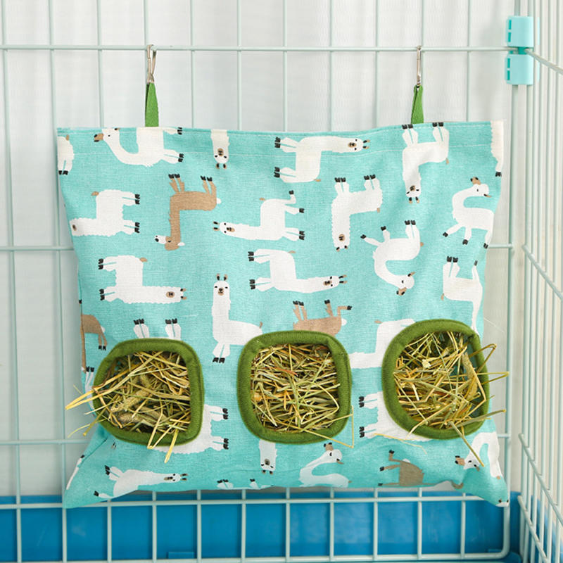 Bolsa de alimentación suspendida, bolsa de heno para mascotas, para cerdos indios, comedero para animales pequeños, conejo, dispensador de alimentos con 3 agujeros, bolsa, accesorios para jaulas