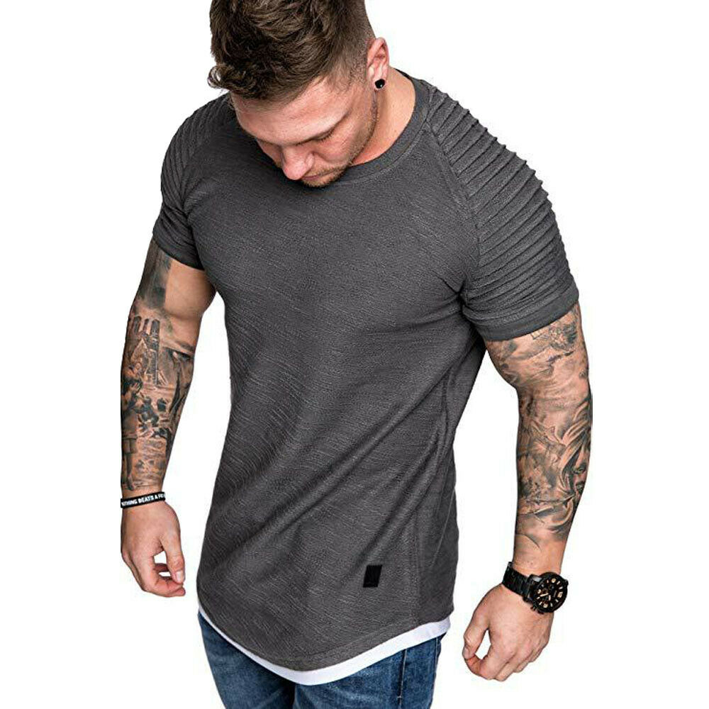 Men's T-Shirts Pleated Wrinkled Slim Fit O Neck Short Sleeve Muscle Solid Casual Tops Shirts Summer Basic Tee: gray / XXL