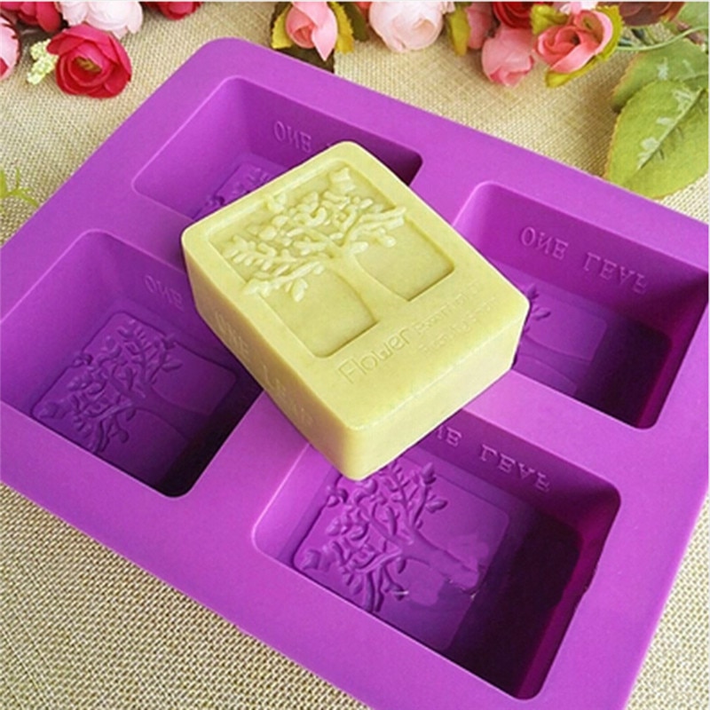 Tree Shaped Silicone Mold Purple Rectangle 4 Hole Soap Mold Arts And Crafts Chocolate Cake Molding Hand Making Tools 1PC