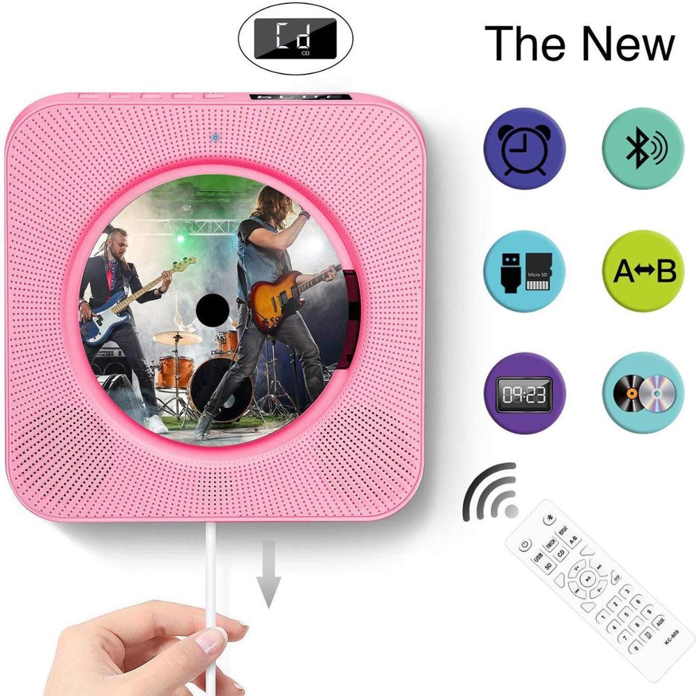 Wall Mounted CD Player With Bluetooth Remote Control Walkman Stereo FM Radio HiFi Music Built-in Speaker Discman Lecteur CD: pink