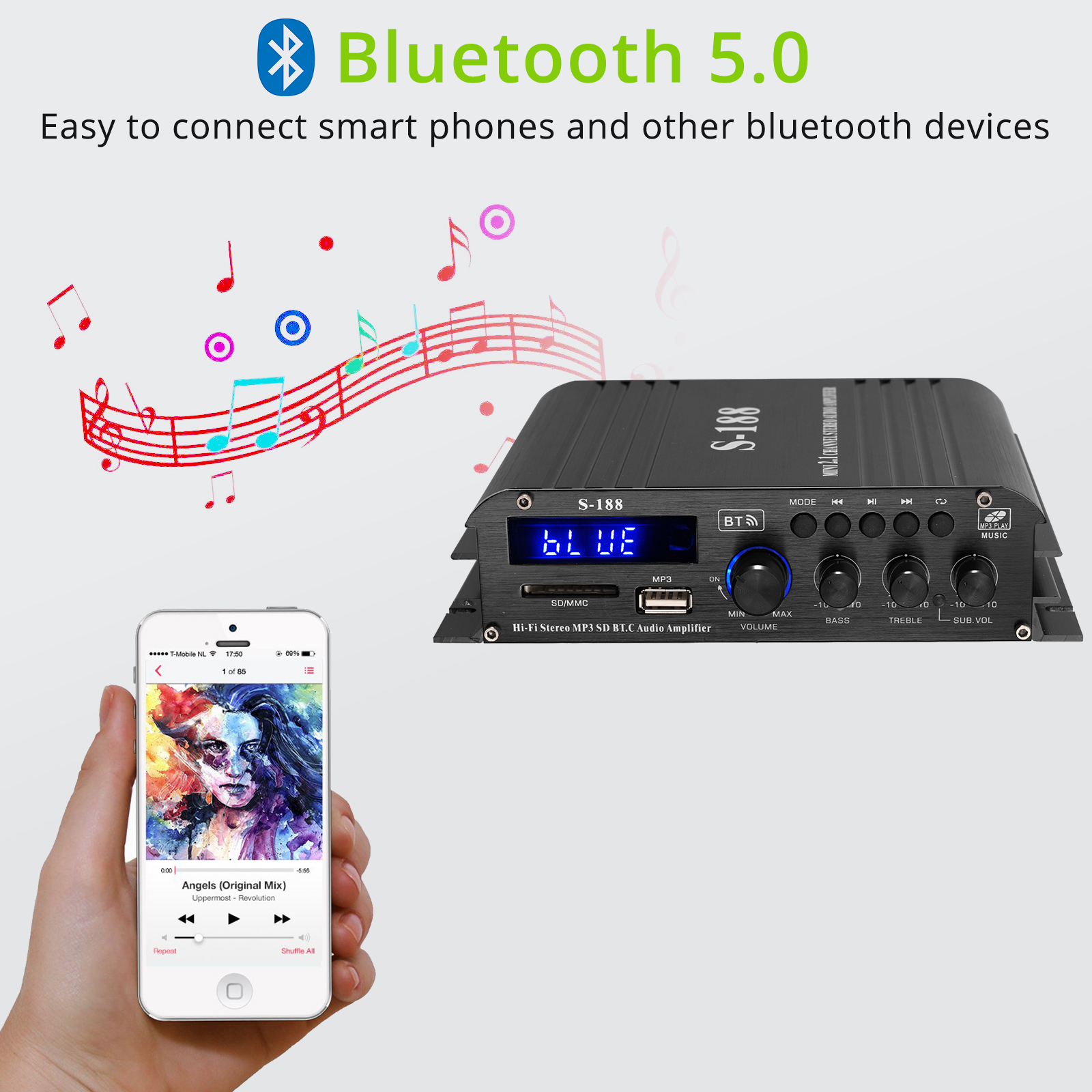 S-188 Home Digital Amplifier Bluetooth-Compatible Audio Power Amplifier Bass &amp; Treble Control Hifi USB FM Music Player Sound Amp