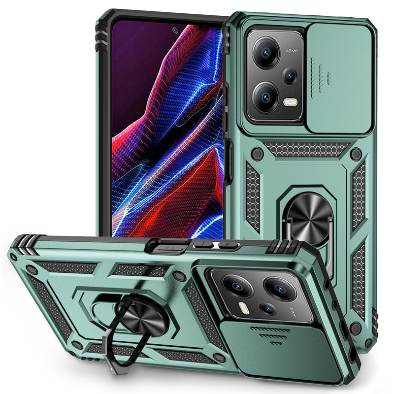 Voor Xiaomi Redmi Note 12 4G 5G Case Cover Shockproof Terug Slide Camera Lens Ring Houder Fundas Redmi Note 12 Pro 12Pro + 12S Case: Katoenen stof / Zwart Groen