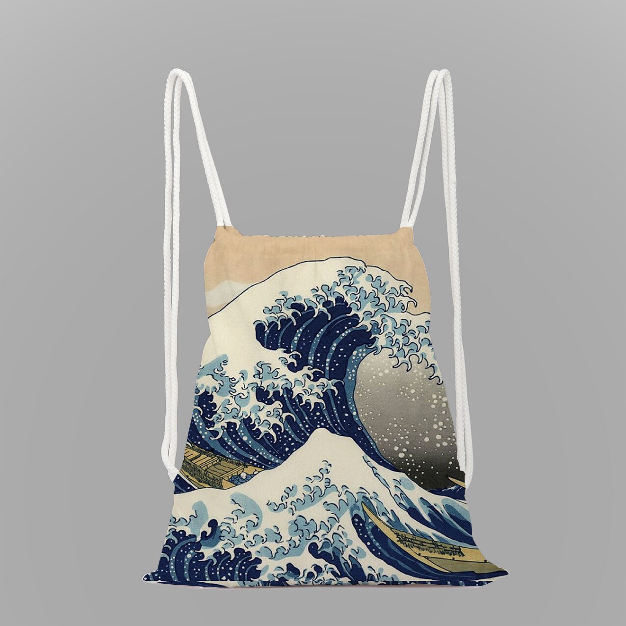 Kanagawa surf print school backpack girls drawstring bag rope bag ladies travel backpack: 1