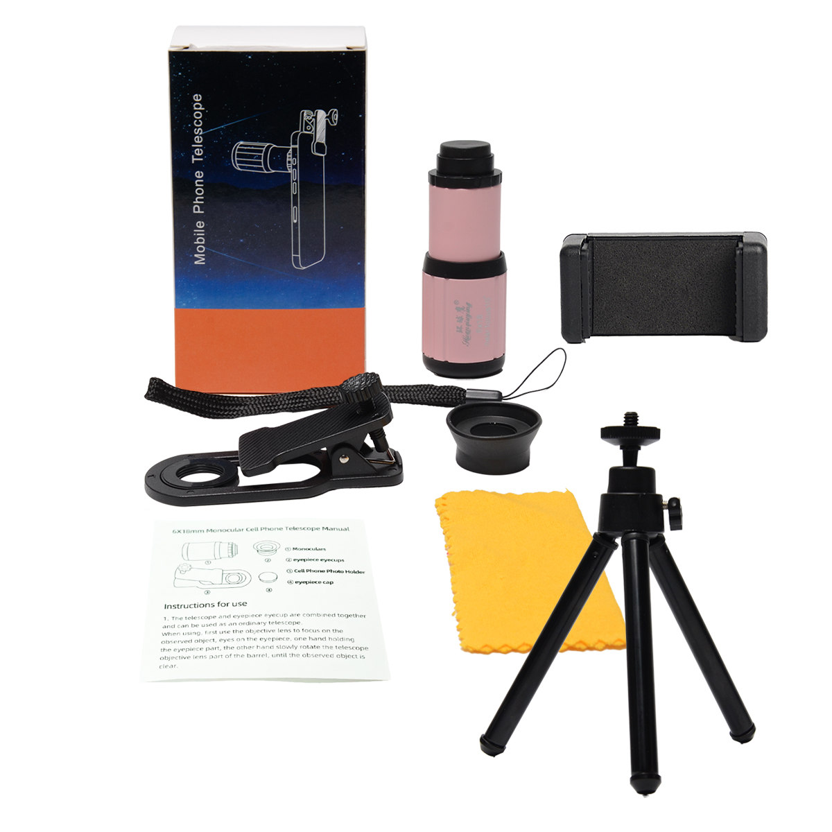 HD 6X Telefonobjektiv Kamera Telezoom Monokular Teleskop Teleskopfokus Kompaktes Min-Objektiv + SelfieTripod für alle Smartphones: Gelb