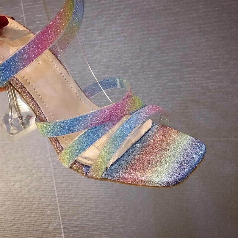Sandalias MHYONS de de Color neón de PVC, sandalias sexis con puntera cuadrada, hebilla cruzada en el tobillo, correa de cristal, zapatos de boda con tacón Perspex