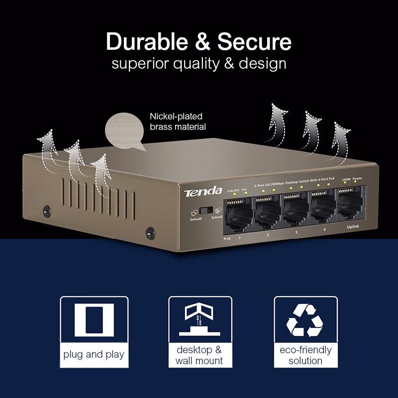 Tenda TEF1105P-4-63W Ethernet Network Switch 10/100Mbps 5-Port POE Power Input 51V 1.25A Netwerk Plug en Spelen, duurzaam & Veilige