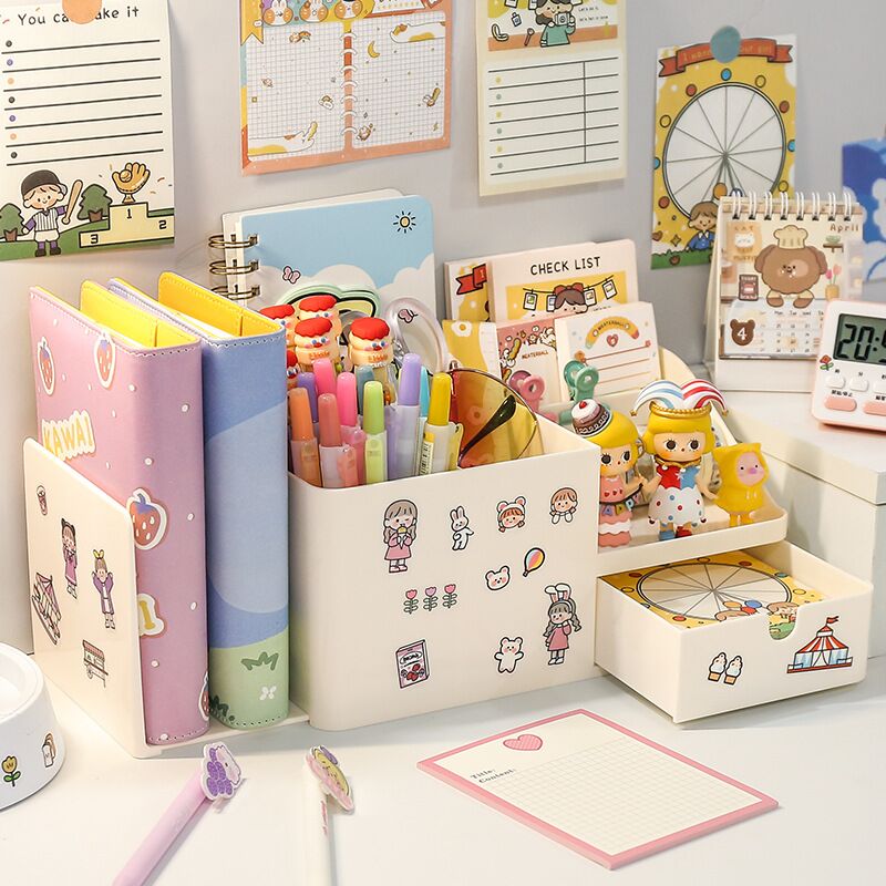 Soporte para cajones y bolígrafos de gran capacidad para estudiantes, caja de papelería creativa 2 en 1, organizador de escritorio multifuncional, soporte tipo libro