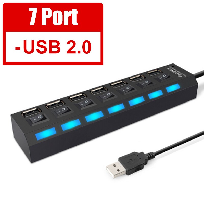 YTOM HUB USB 3,0 de 2,0 HUB Splitter USB Multi 4/7 expansor de Puerto múltiples USB 3 Hab uso adaptador de alimentación de USB3.0 con interruptor para PC: 7 port 2.0
