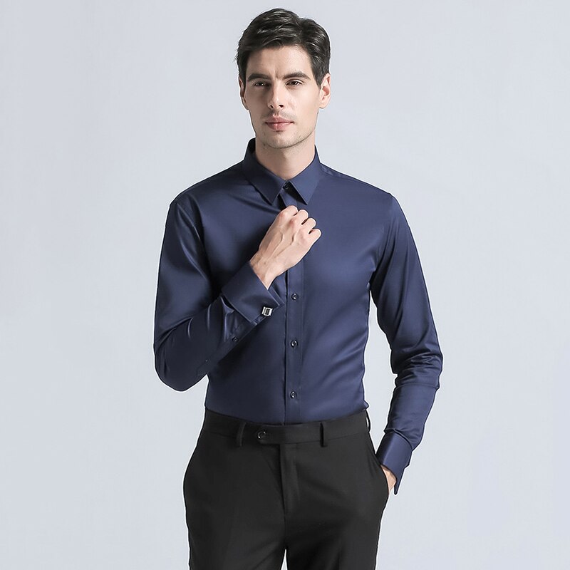 Men's Cotton Dress Shirt Men's Regular Fit Cufflink Shirts Solid Color Long Sleeve Business Suits Shirts