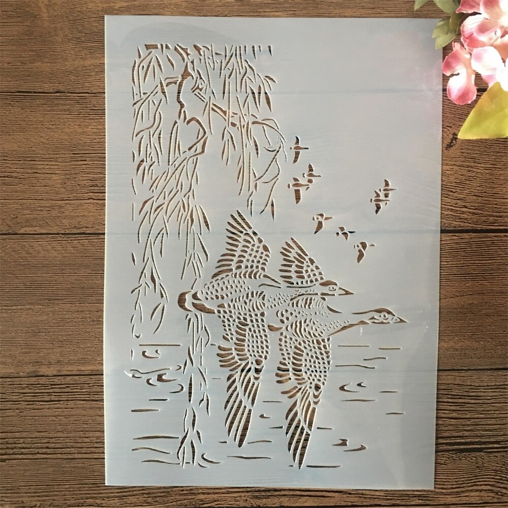 A4 29cm Two Wild Duck Willow Lake DIY Layering Stencils Painting Scrapbook Embossing Hollow Embellishment Printing Lace Ruler