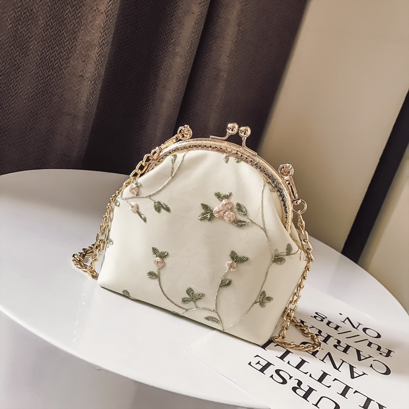 Flowers Lace Chain Women Shoulder Crossbody Bags Vintage Chic Lady Shell Bag Kiss lock Women's Handbags Purses