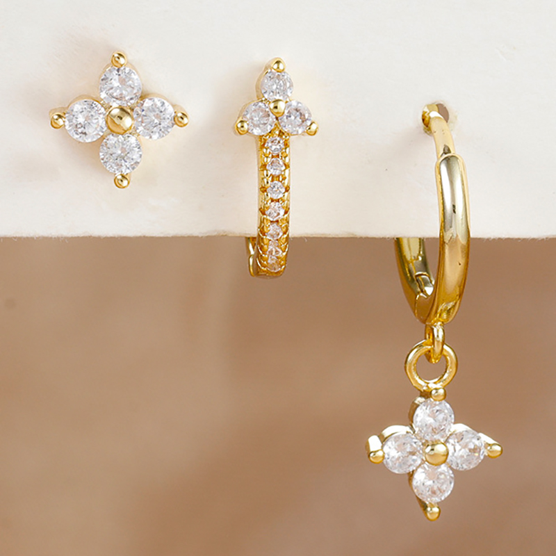 Conjunto de pendientes de aro pequeños con flores de acero inoxidable para mujer, aretes de joyería para Piercing de cartílago Huggie chapados en oro de 18 quilates, 3 uds.